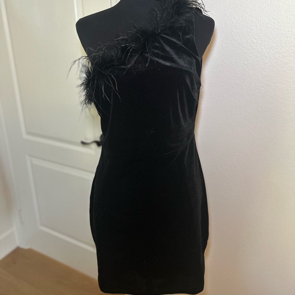 Lulu's Velvet One Shoulder Feather Mini Dress